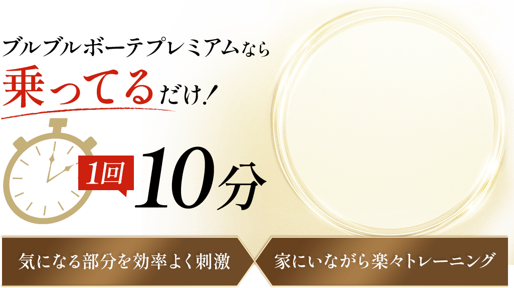 ブルブルボーテプレミアムなら乗ってるだけ1回10分気になる部分を効率よく刺激。家にいながら楽々トレーニング。